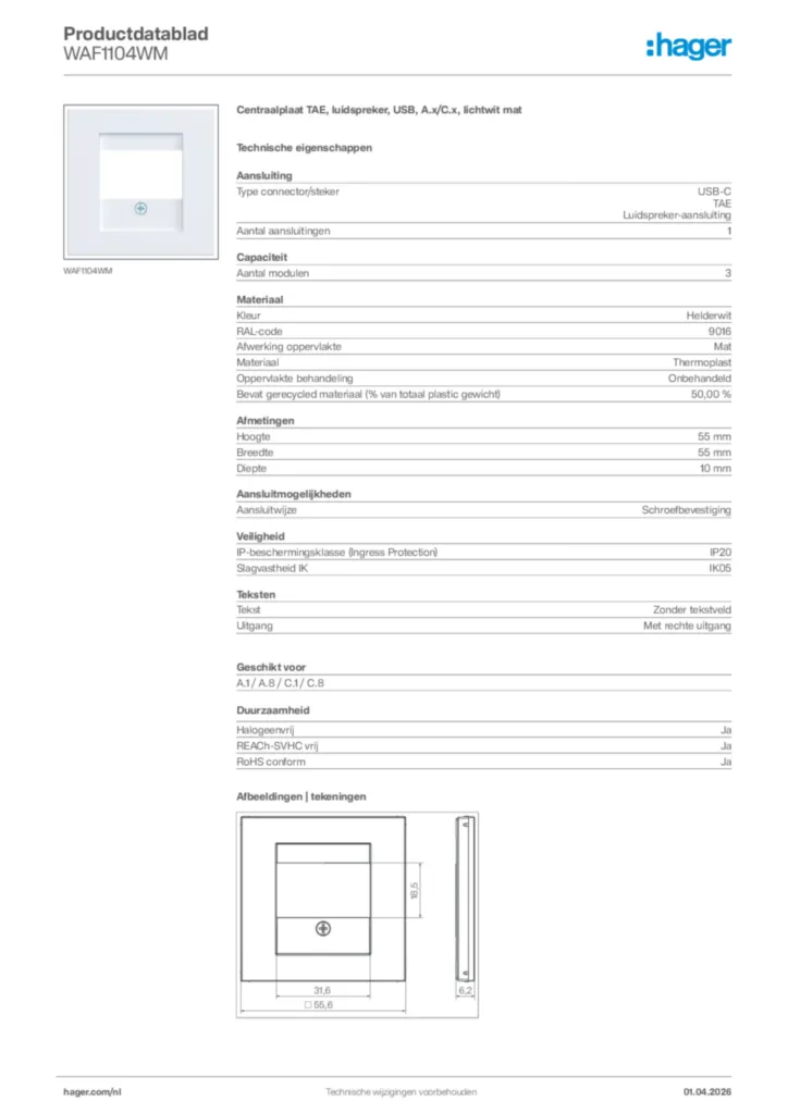 Afbeelding Hager Productdatablad WAF1104WM | Hager Nederland