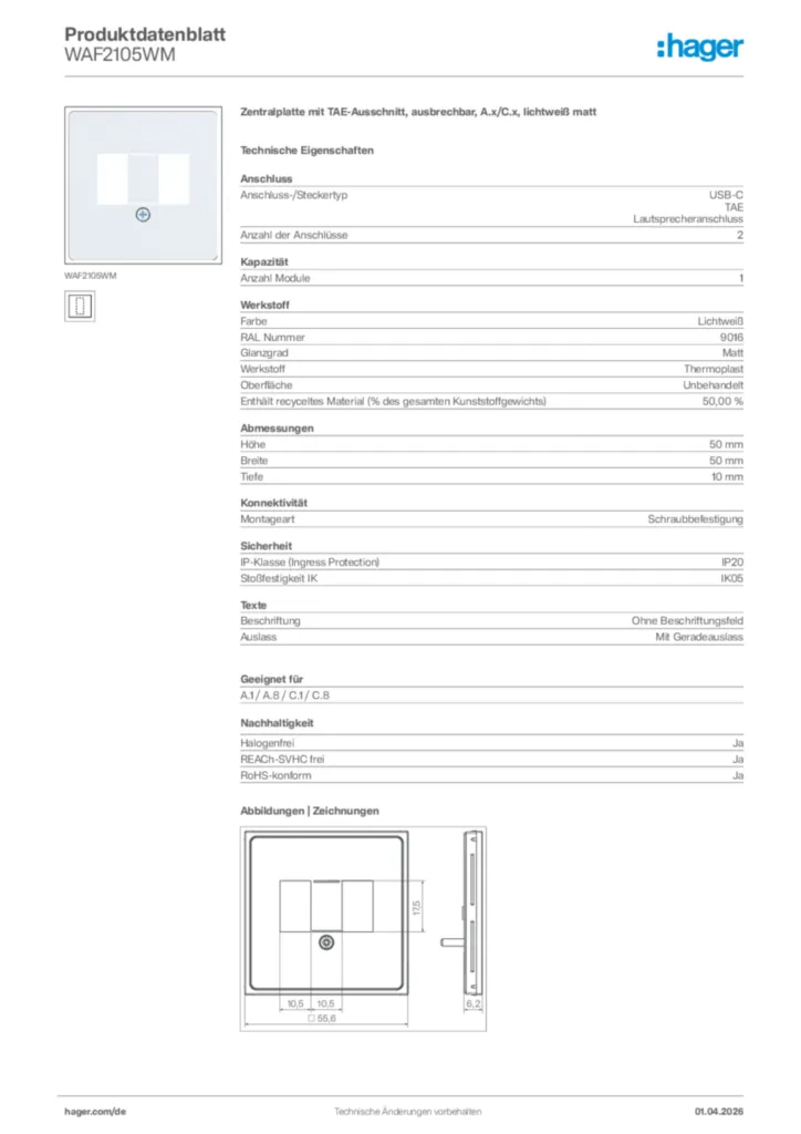 Bild Hager Produktdatenblatt WAF2105WM | Hager Deutschland