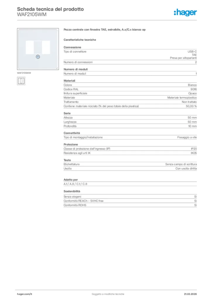 Immagine Hager Scheda tecnica del prodotto WAF2105WM | Hager Italia
