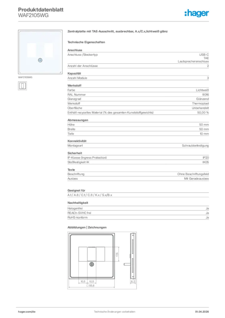 Bild Hager Produktdatenblatt WAF2105WG | Hager Deutschland