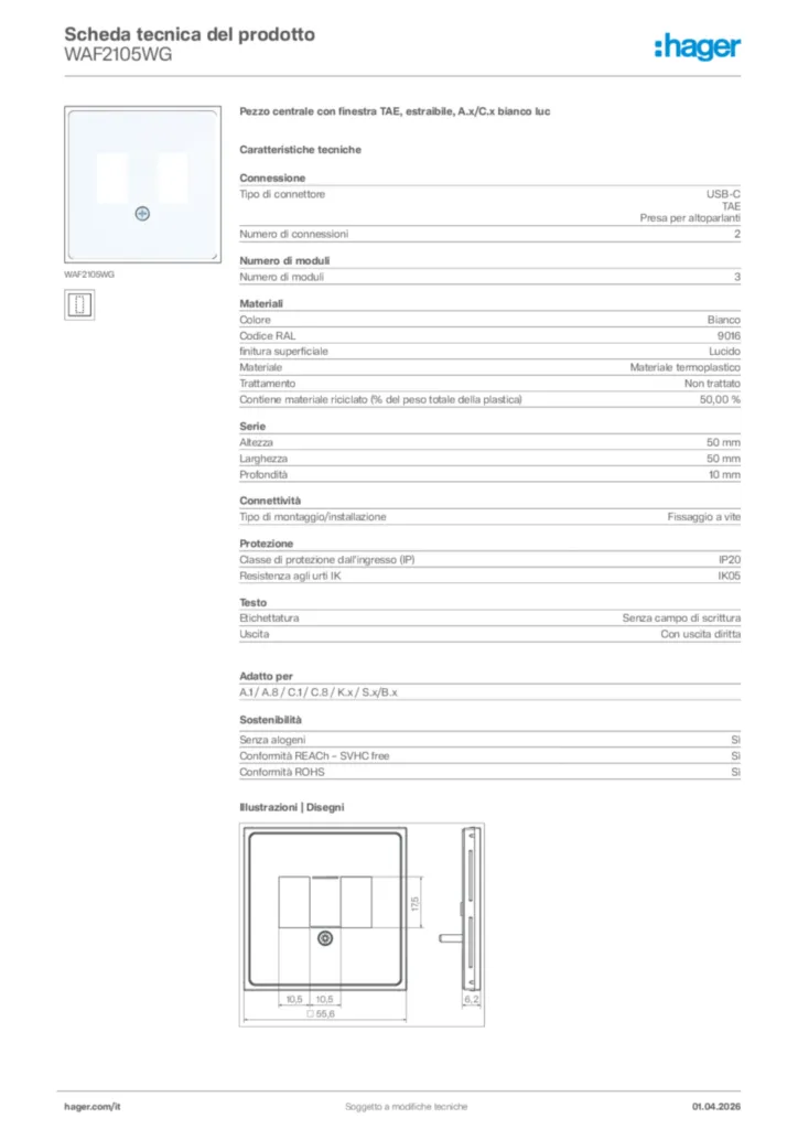 Immagine Hager Scheda tecnica del prodotto WAF2105WG | Hager Italia