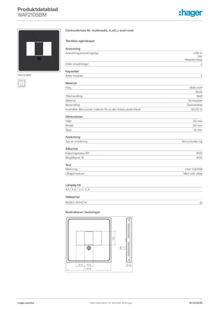 Bild Hager Produktdatablad WAF2105BM | Hager Sverige