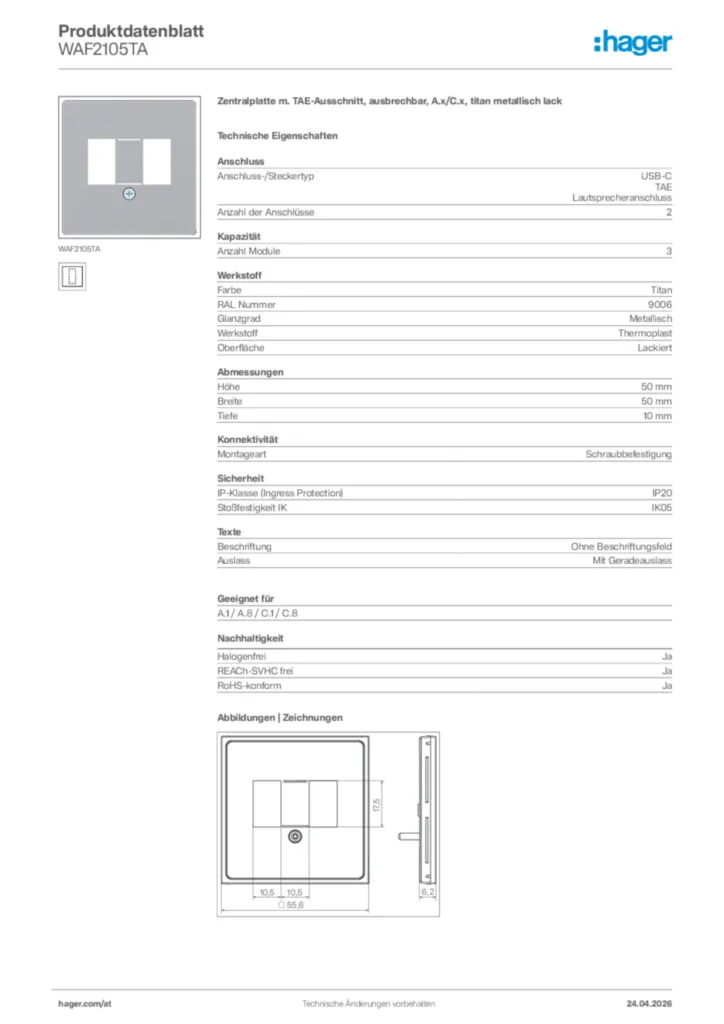 Bild Hager Produktdatenblatt WAF2105TA | Hager Deutschland