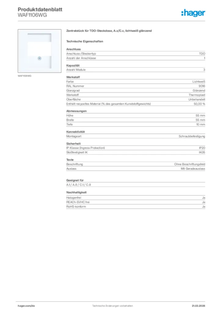 Bild Hager Produktdatenblatt WAF1106WG | Hager Deutschland