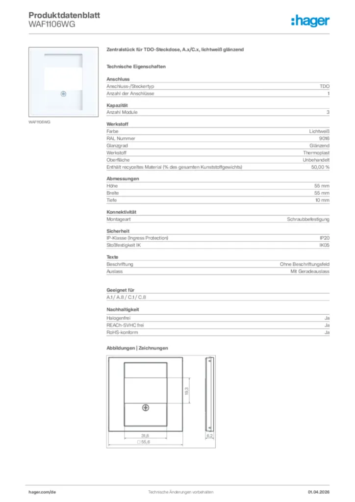 Bild Hager Produktdatenblatt WAF1106WG | Hager Deutschland