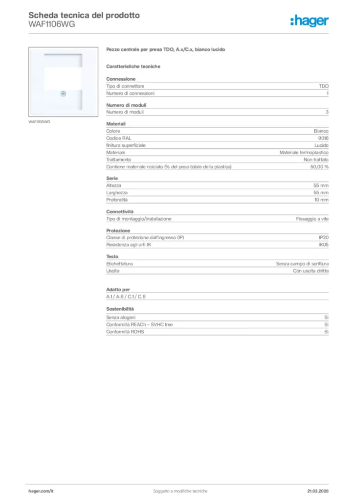 Immagine Hager Scheda tecnica del prodotto WAF1106WG | Hager Italia