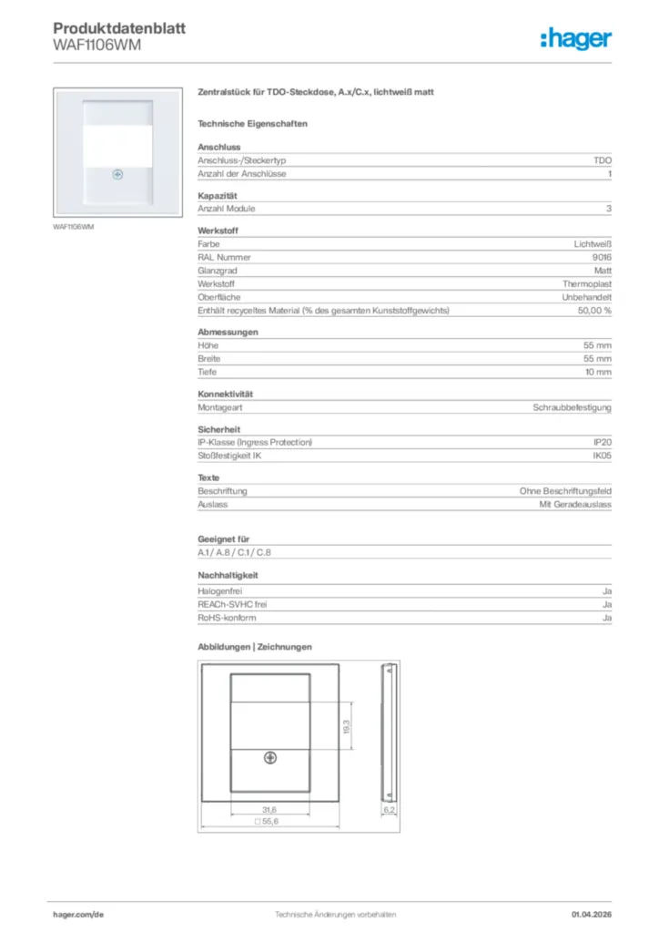 Bild Hager Produktdatenblatt WAF1106WM | Hager Deutschland