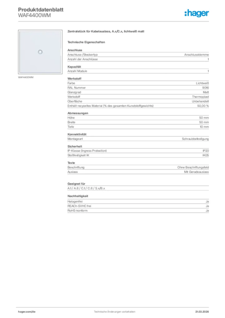 Bild Hager Produktdatenblatt WAF4400WM | Hager Deutschland