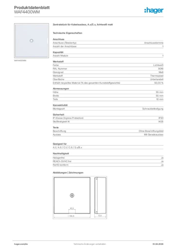 Bild Hager Produktdatenblatt WAF4400WM | Hager Deutschland