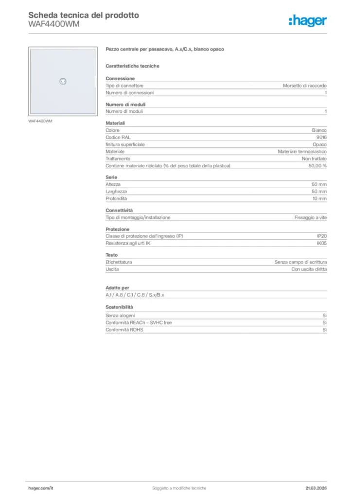Immagine Hager Scheda tecnica del prodotto WAF4400WM | Hager Italia