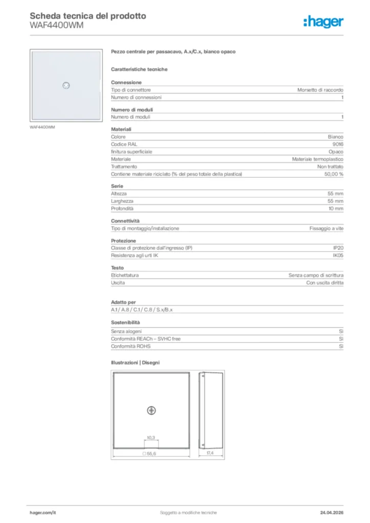 Immagine Hager Scheda tecnica del prodotto WAF4400WM | Hager Italia