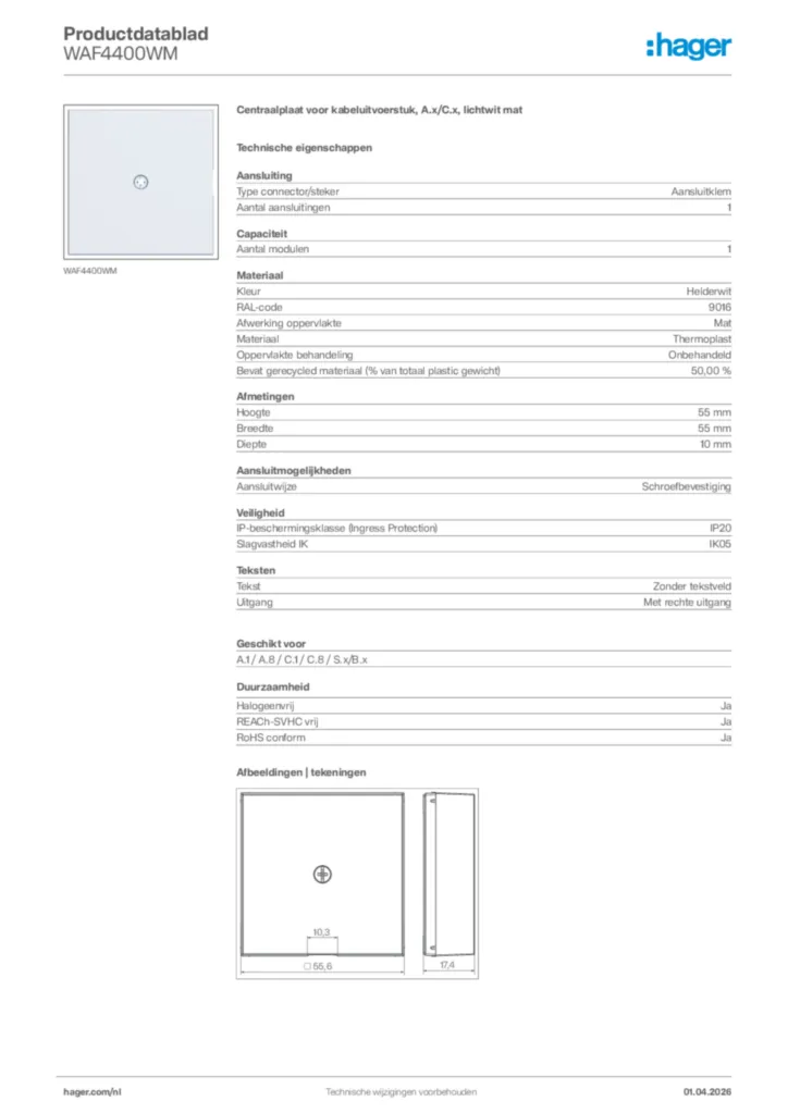 Afbeelding Hager Productdatablad WAF4400WM | Hager Nederland