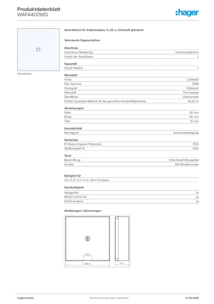 Bild Hager Produktdatenblatt WAF4400WG | Hager Deutschland