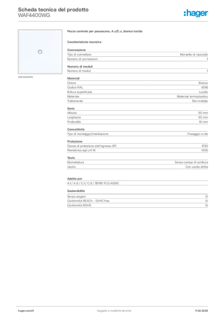 Immagine Hager Scheda tecnica del prodotto WAF4400WG | Hager Italia