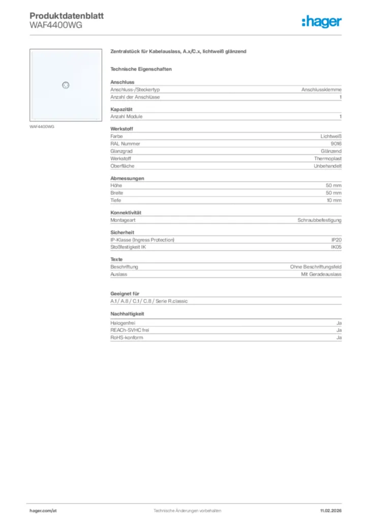 Bild Hager Produktdatenblatt WAF4400WG | Hager Deutschland