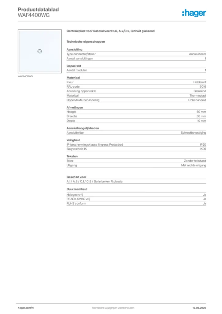 Afbeelding Hager Productdatablad WAF4400WG | Hager Nederland