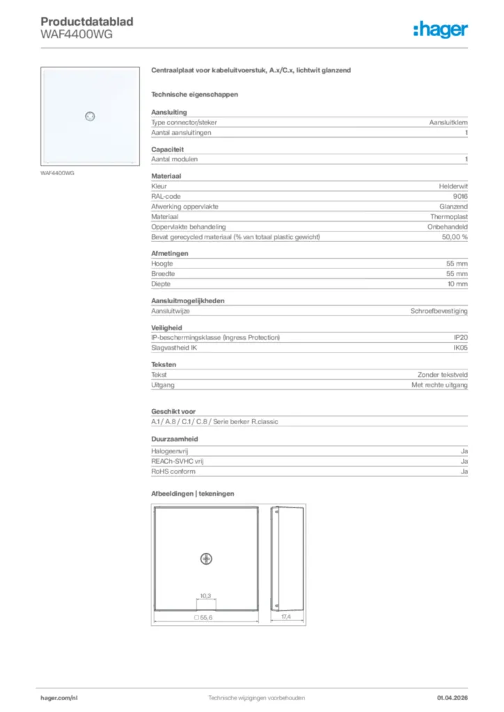 Afbeelding Hager Productdatablad WAF4400WG | Hager Nederland