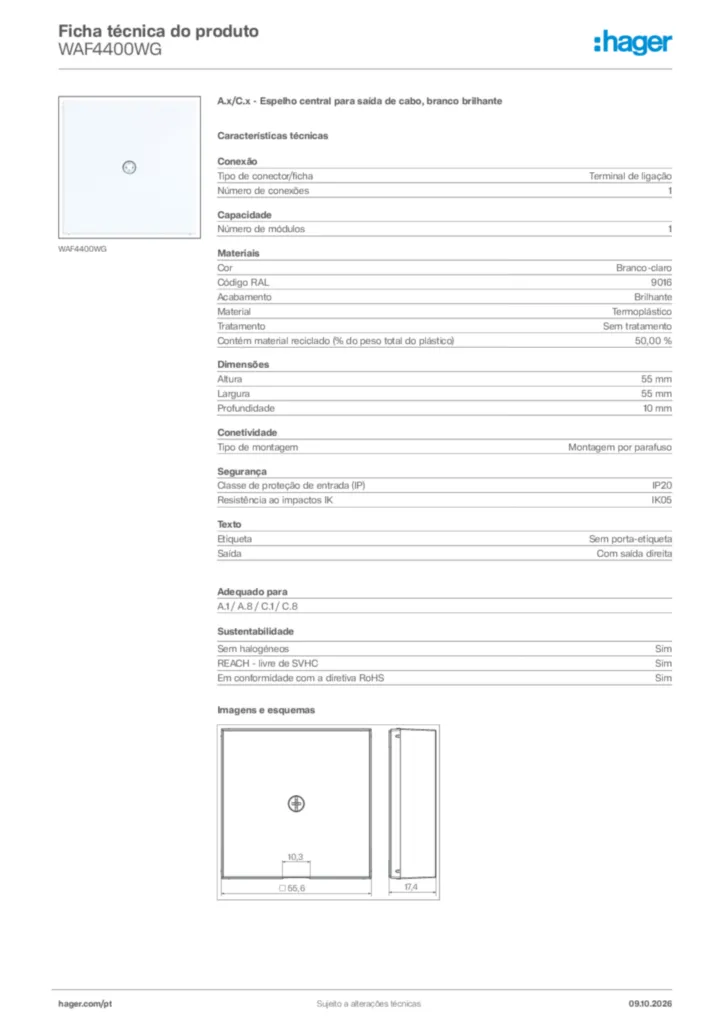 Imagem Hager Ficha técnica do produto WAF4400WG | Hager Portugal