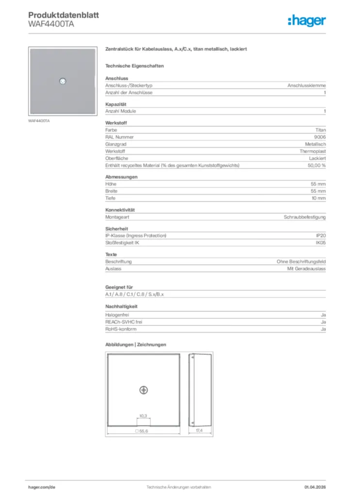 Bild Hager Produktdatenblatt WAF4400TA | Hager Deutschland