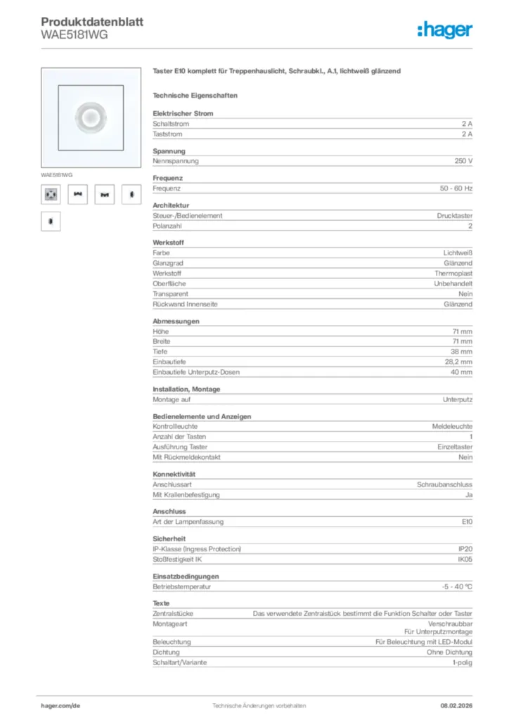 Bild Hager Produktdatenblatt WAE5181WG | Hager Deutschland