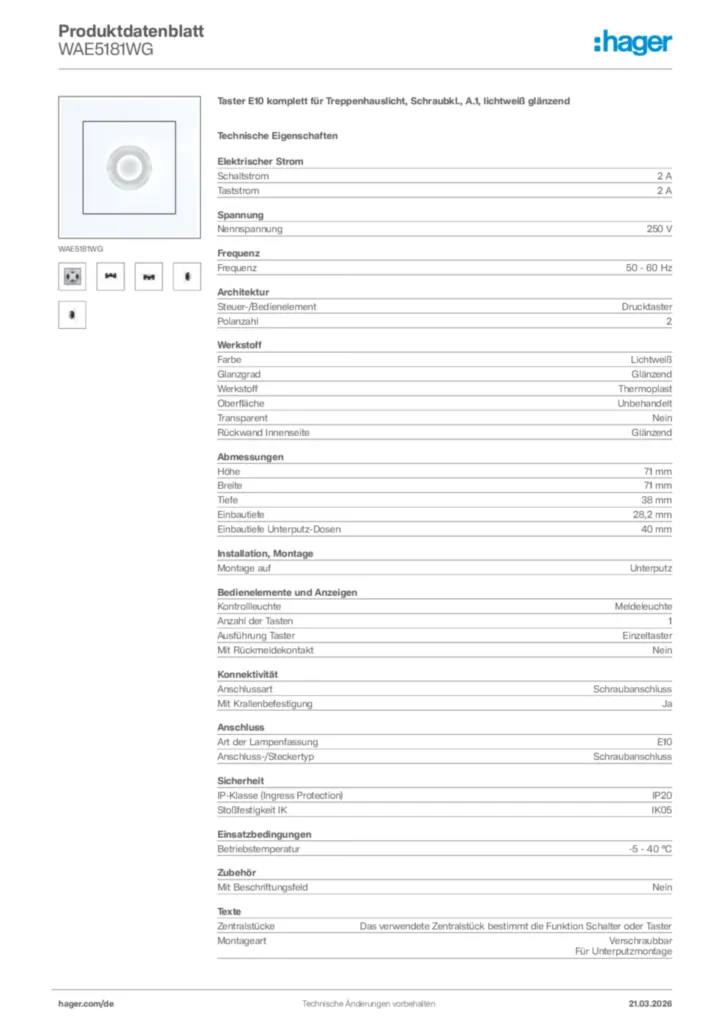Bild Hager Produktdatenblatt WAE5181WG | Hager Deutschland