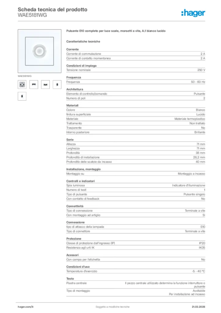Immagine Hager Scheda tecnica del prodotto WAE5181WG | Hager Italia