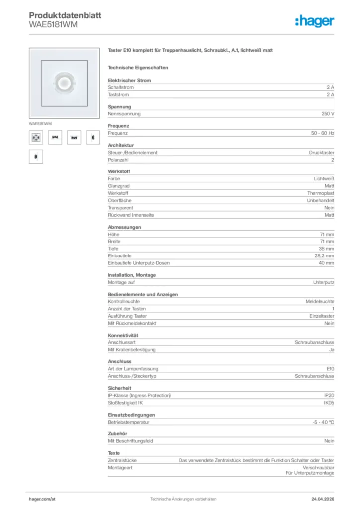 Bild Hager Produktdatenblatt WAE5181WM | Hager Deutschland