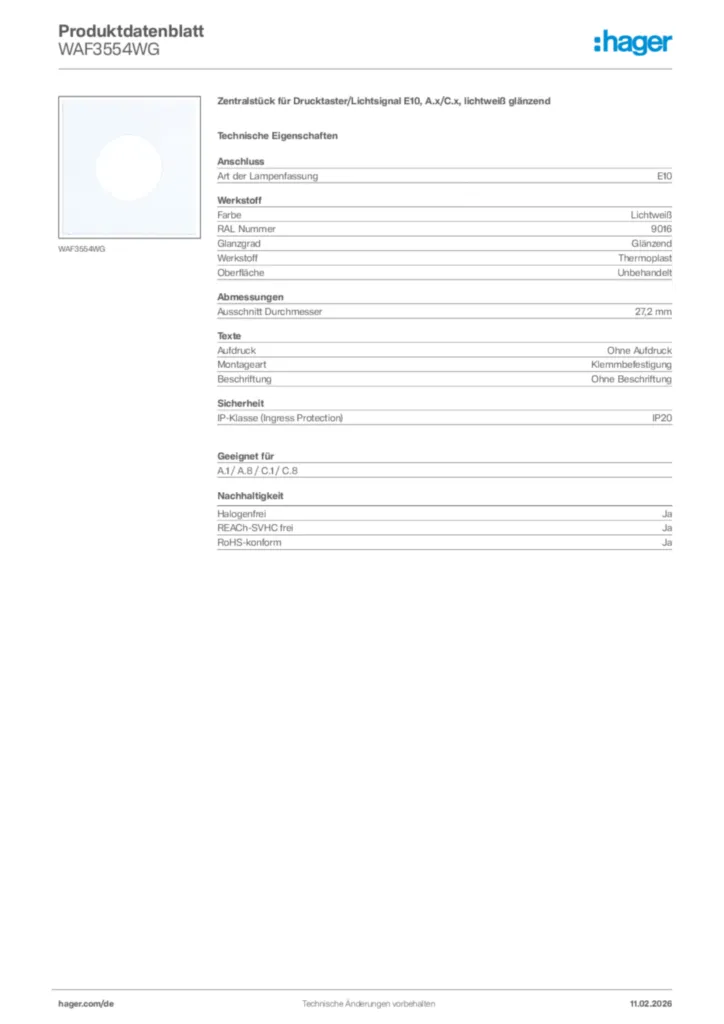 Bild Hager Produktdatenblatt WAF3554WG | Hager Deutschland