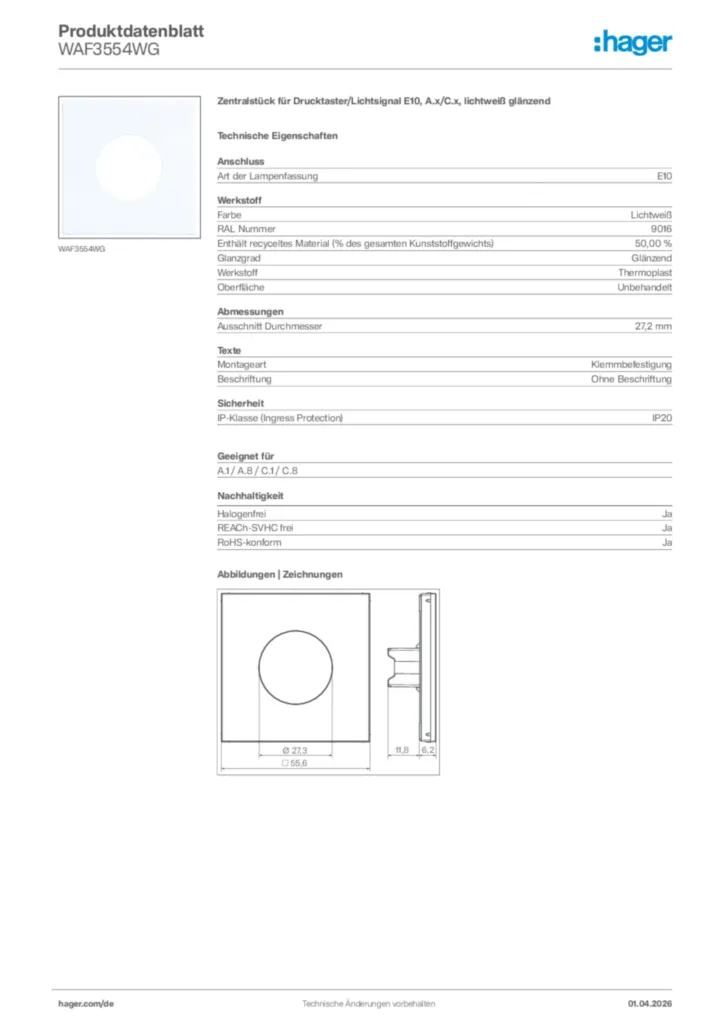 Bild Hager Produktdatenblatt WAF3554WG | Hager Deutschland