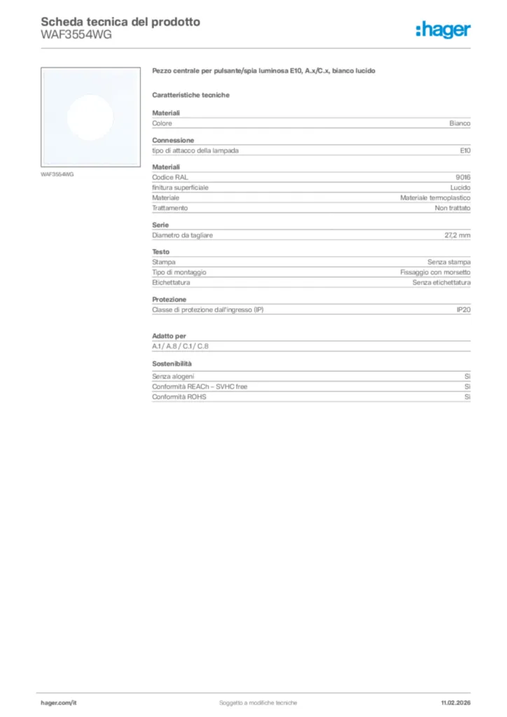 Immagine Hager Scheda tecnica del prodotto WAF3554WG | Hager Italia