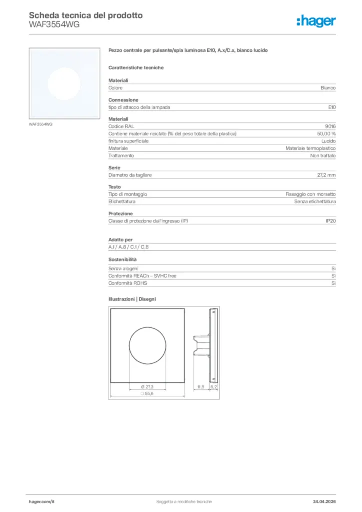 Immagine Hager Scheda tecnica del prodotto WAF3554WG | Hager Italia