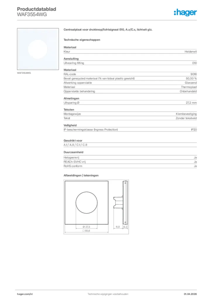 Afbeelding Hager Productdatablad WAF3554WG | Hager Nederland