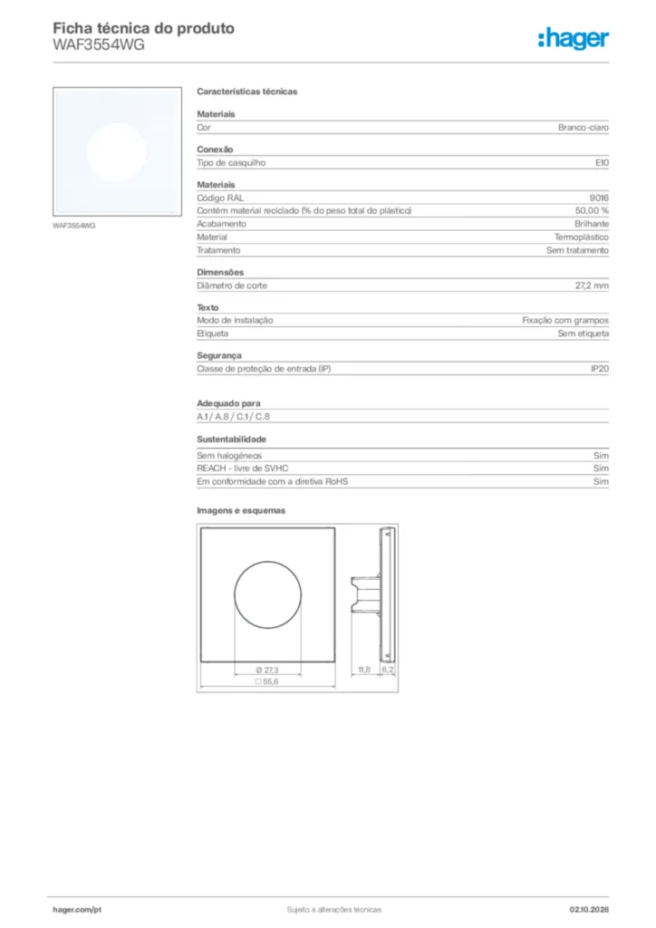 Imagem Hager Ficha técnica do produto WAF3554WG | Hager Portugal