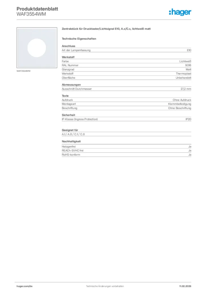 Bild Hager Produktdatenblatt WAF3554WM | Hager Deutschland