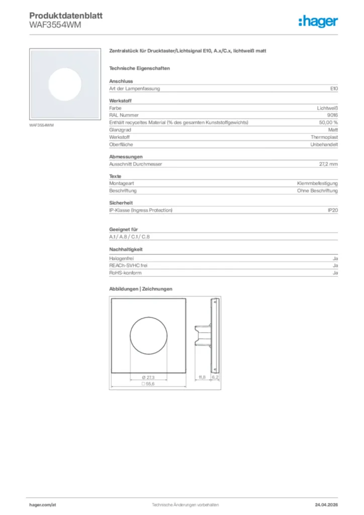 Bild Hager Produktdatenblatt WAF3554WM | Hager Deutschland