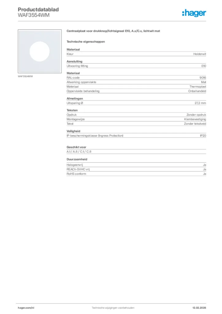 Afbeelding Hager Productdatablad WAF3554WM | Hager Nederland