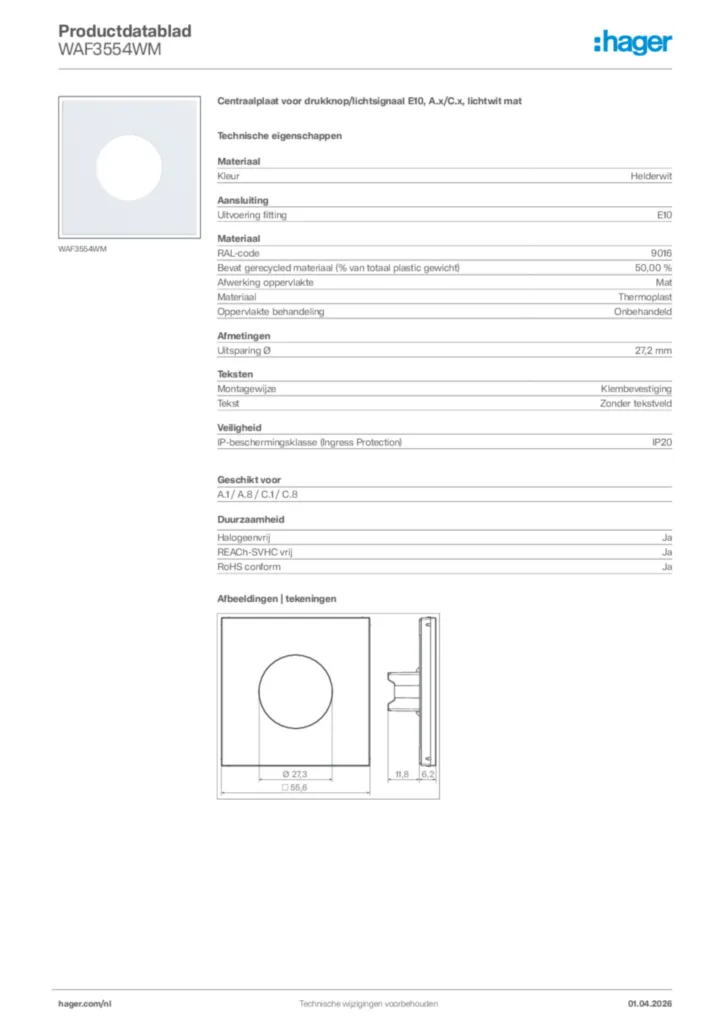 Afbeelding Hager Productdatablad WAF3554WM | Hager Nederland