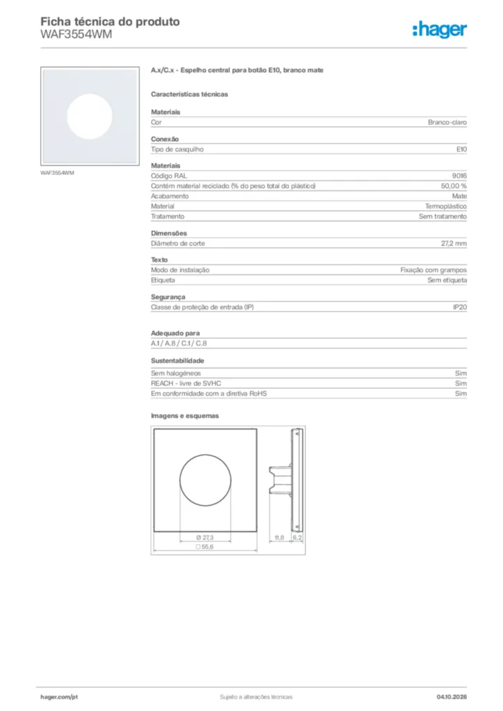Imagem Hager Ficha técnica do produto WAF3554WM | Hager Portugal