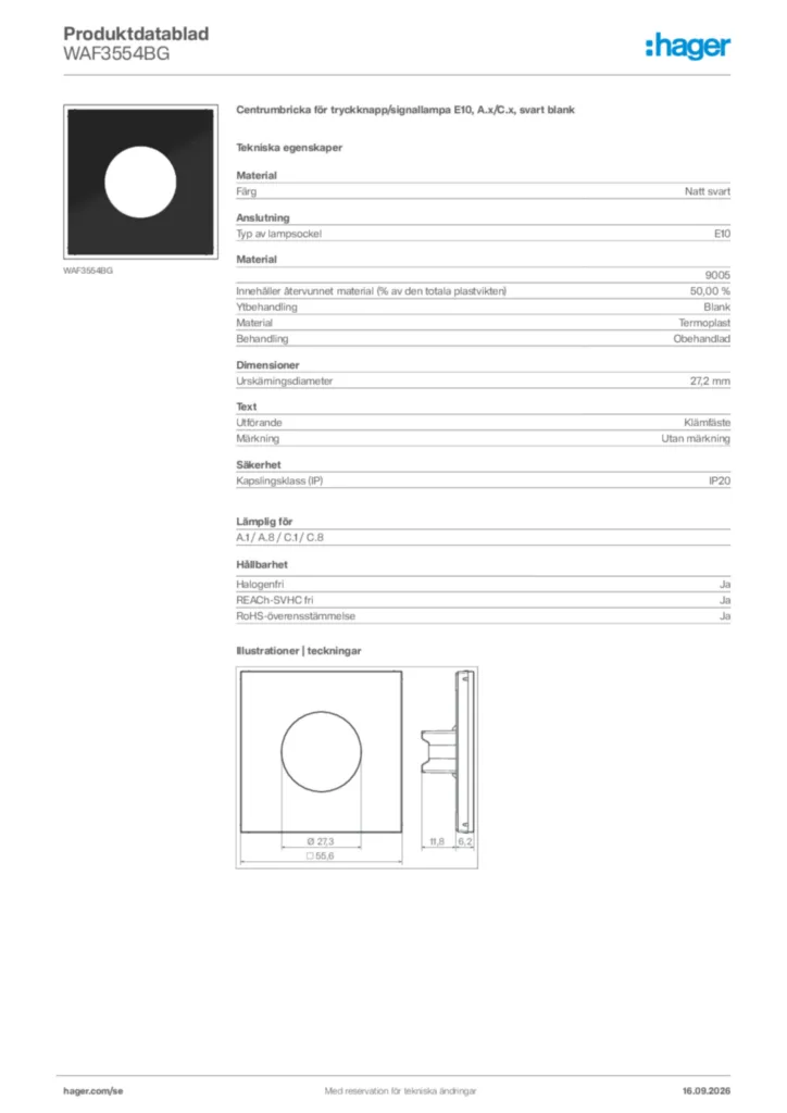 Bild Hager Produktdatablad WAF3554BG | Hager Sverige