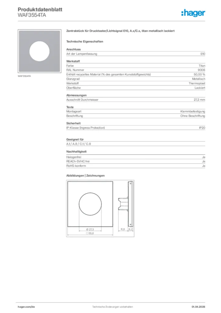 Bild Hager Produktdatenblatt WAF3554TA | Hager Deutschland