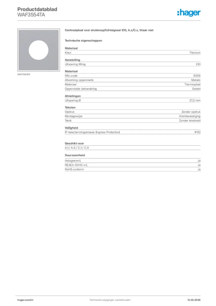 Afbeelding Hager Productdatablad WAF3554TA | Hager Nederland