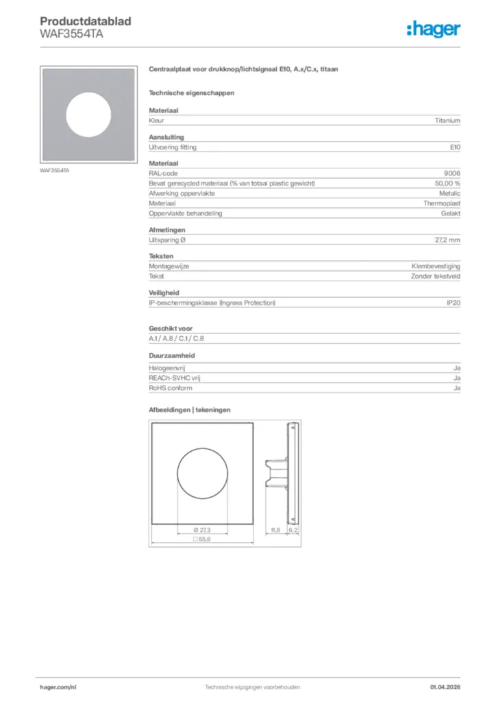 Afbeelding Hager Productdatablad WAF3554TA | Hager Nederland