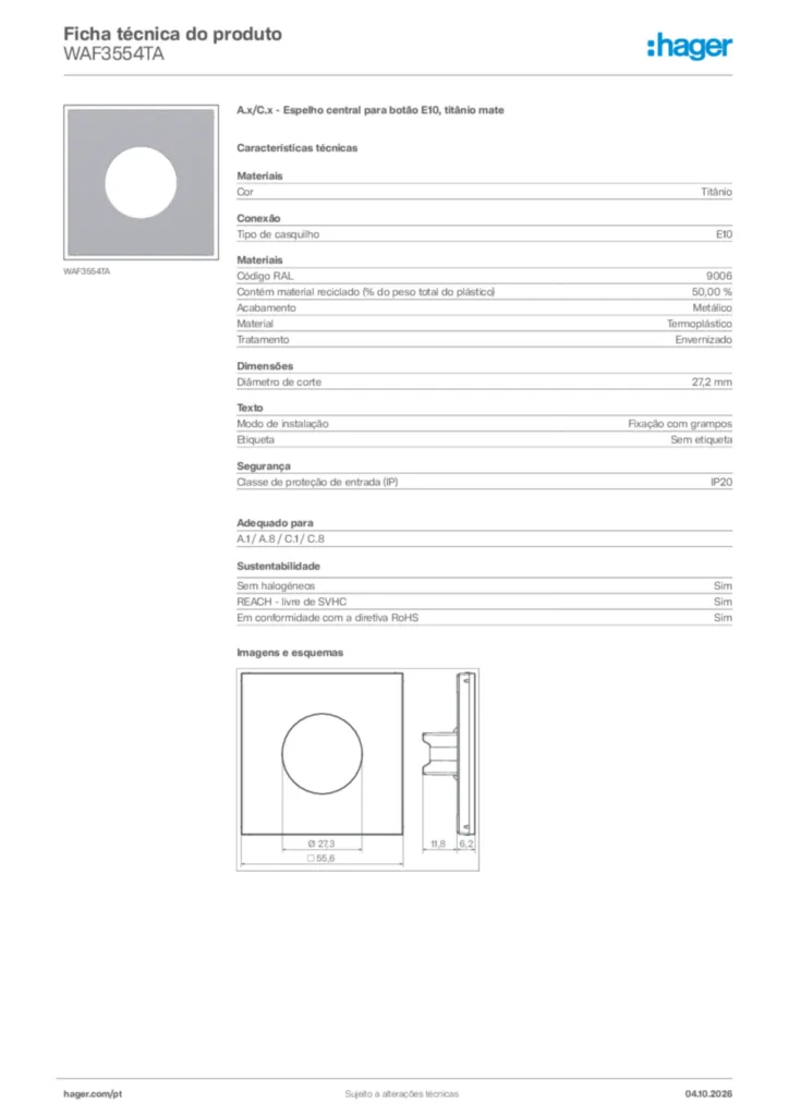Imagem Hager Ficha técnica do produto WAF3554TA | Hager Portugal