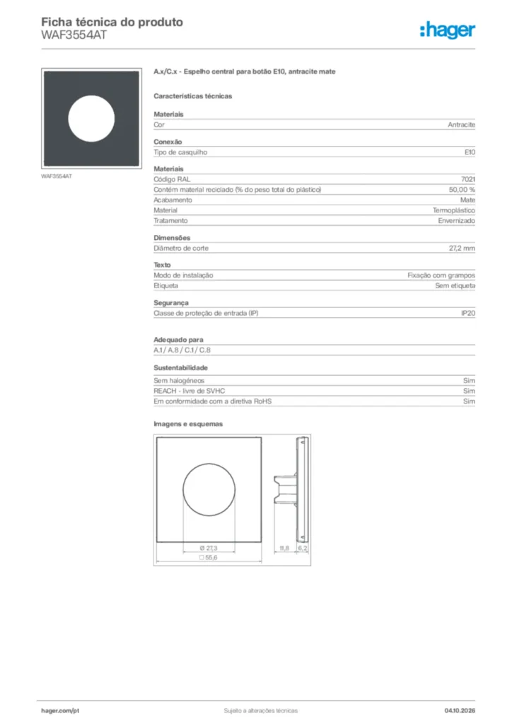 Imagem Hager Ficha técnica do produto WAF3554AT | Hager Portugal