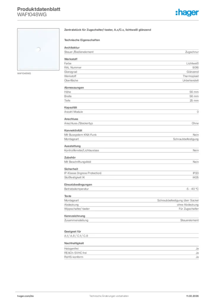 Bild Hager Produktdatenblatt WAF1048WG | Hager Deutschland