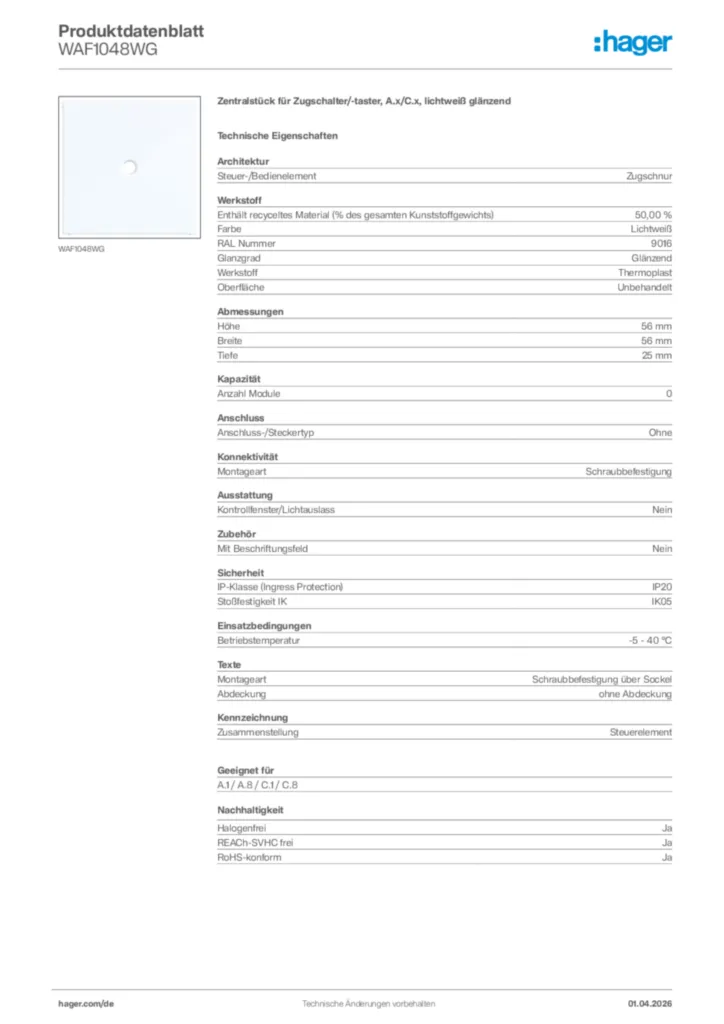 Bild Hager Produktdatenblatt WAF1048WG | Hager Deutschland