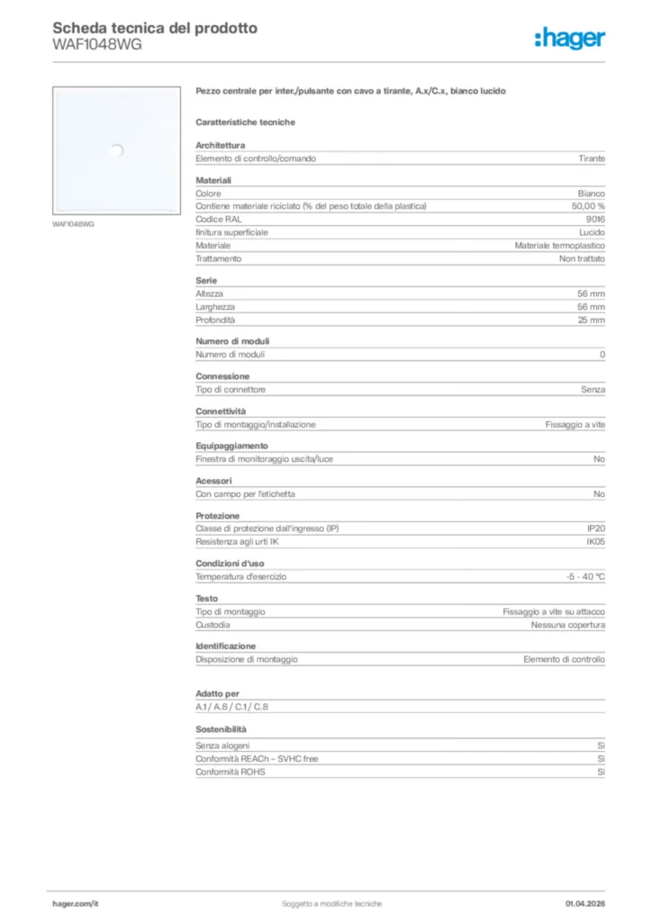 Immagine Hager Scheda tecnica del prodotto WAF1048WG | Hager Italia