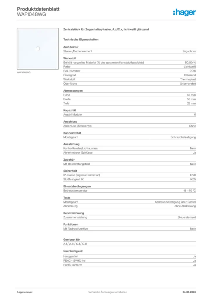 Bild Hager Produktdatenblatt WAF1048WG | Hager Deutschland