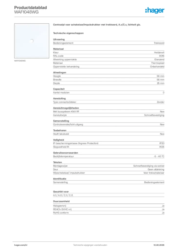 Afbeelding Hager Productdatablad WAF1048WG | Hager Nederland