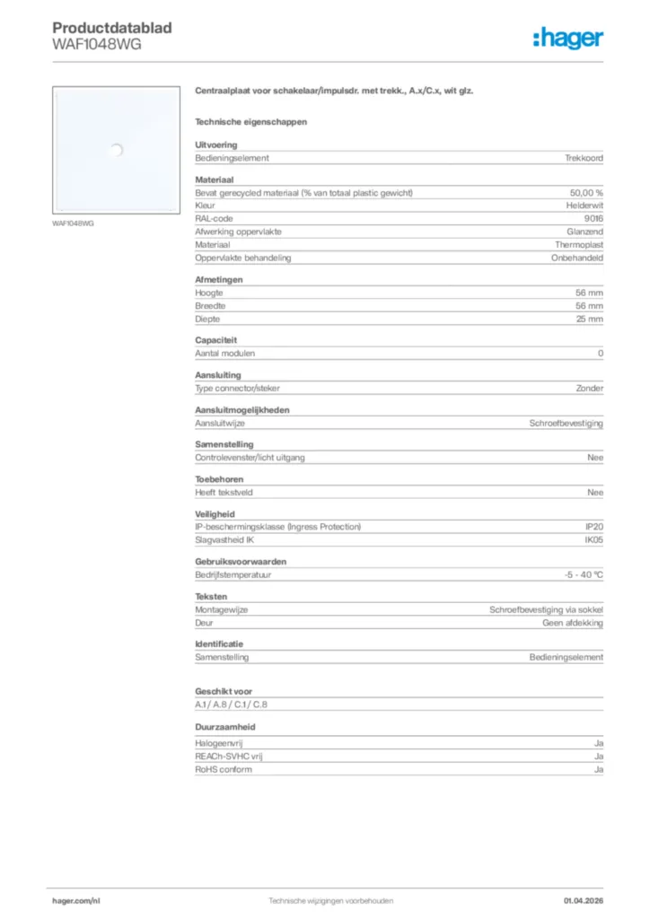 Afbeelding Hager Productdatablad WAF1048WG | Hager Nederland